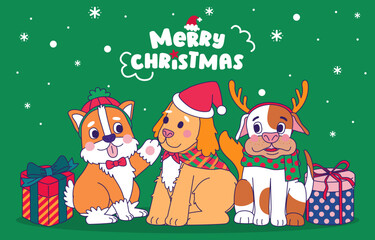 Dogs In Christmas Costumes With Gift Boxes, Vector, illustration, Cartoon