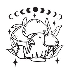 Magic ghost fox with mushrooms and moon