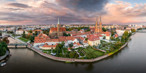 Wroclaw aerial drone panoramic shot of the Ostrów Tumski. - obrazy, fototapety, plakaty