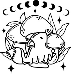 Magic ghost fox with mushrooms and moon