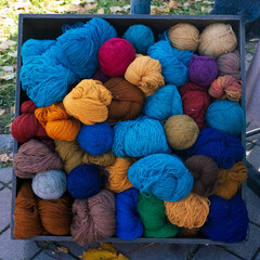 Close Up of yarn balls. Rainbow colors. Yarn for knitting. Skeins of yarn