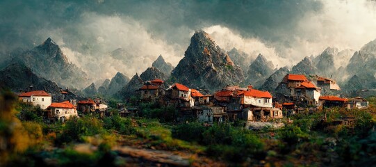 Village in Mountains of Georgia, Idyllic Landscape - Digital Art, 3D Render, Concept Art - obrazy, fototapety, plakaty