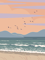 Fototapeta na wymiar Seacoast Landscape with Sea Waves, Mountains and Flying Birds