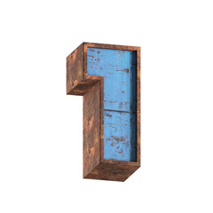 1 number 3d aged rusted iron character blue painted metal steel isolated on white background