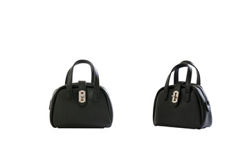 Beautiful black leather female fashion bag with transparent background, front view