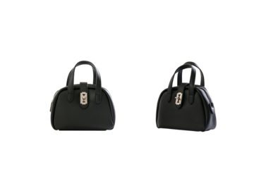 Beautiful black leather female fashion bag with transparent background, front view