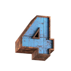 4 number 3d aged rusted iron character blue painted metal steel isolated on white background