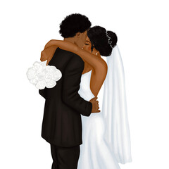 Groom hugging with bride. Watercolor hand painted african american  groom in tuxedo suit and pretty african american bride with a wedding bouquet. Design for wedding designs, cards, invitations.