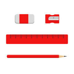 A set of schoolboy stationery items - a ruler, an eraser, a sharpener, a pencil.