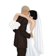 Groom hugging with bride. Watercolor hand painted blond groom in brown costume and pretty black hair bride with a wedding bouquet. Design for wedding designs, cards, invitations.