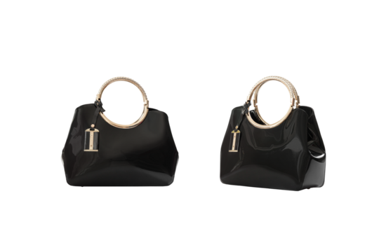 Beautiful black leather female fashion bag with transparent background, front view - Powered by Adobe