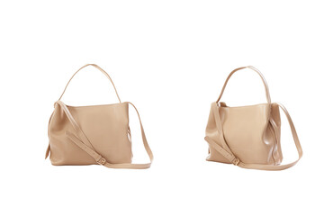 Beautiful beige leather female fashion bag with transparent background, front view