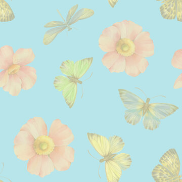 Seamless pattern of butterflies dragonflies and flowers. © Sergei