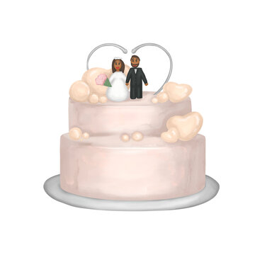 Wedding Pink Cake With Figures Of The African American Bride And Groom. Hand Painted Watercolor Wedding Two Tiered Cake With Hearts And African American Couple. Isolated On Transparent Background