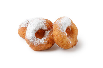 Donuts with powdered sugar isolated on a white plate. Circle Donuts fried in oil without icing. Doughnut pastry, potato donuts. Pyshki.