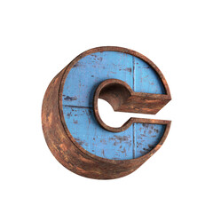c letter 3d aged rusted iron character blue painted metal steel isolated on white background