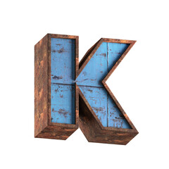 k letter 3d aged rusted iron character blue painted metal steel isolated on white background