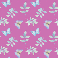 seamless botanical pattern, watercolor leaves and butterflies.