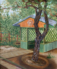 Painting oil on paperboard "Wooden openwork gazebo behind the tree in the garden on a summer day"