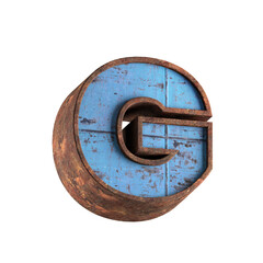 g letter 3d aged rusted iron character blue painted metal steel isolated on white background
