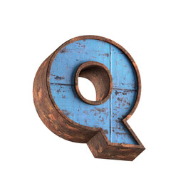 q letter 3d aged rusted iron character blue painted metal steel isolated on white background