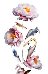 Peonies flower with feathers and gold elementsPeonies flower with feathers and gold elements
