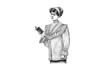 Girl reading a book wearing a fashion blouse - Vintage Illustration