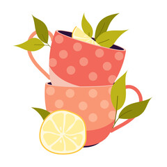  Composition of tea cups with lemon slices in flat style on a white background.