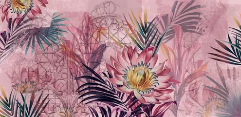 Fototapeten Tropics in architecture on a textured background, art drawing in pink tones, photo wallpaper © Viktorious_Art