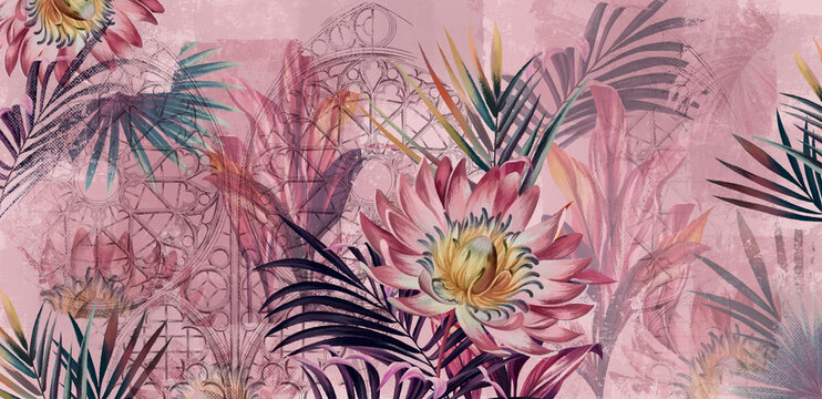 Tropics in architecture on a textured background, art drawing in pink tones, photo wallpaper