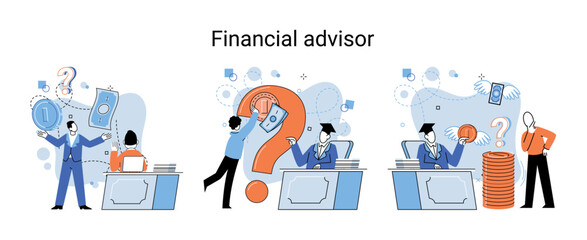 Financial advisor giving advice investment money market analysis management planning for customer. Fiscal consultant professional in finance. Business development successful vested interests metaphor