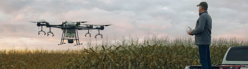 Farmer controlling a huge intelligent agriculture drone with spray nozzles near corn field early in the morning