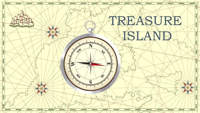 Animation with a map and a compass arrow rotating near words "treasure island" (seamless loop)