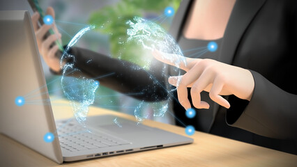 Businesswoman touching a virtual earth. Concept of internet. Digital network. 3D Rendering