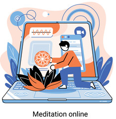 Meditation online metaphor. Classes on laptop, practicing yoga, mental exercises. Live stream, internet education. Wellness practice restore peace mind. Healthy lifestyle, clearing brain and managing