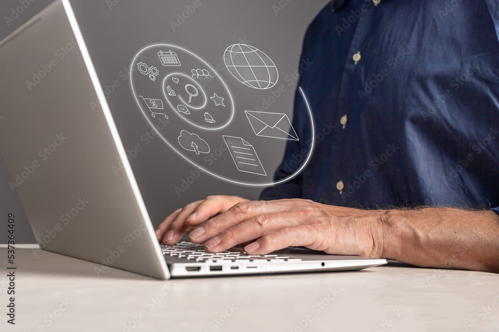 Poster Business technology, online services concept. Use of different web resources and software for work