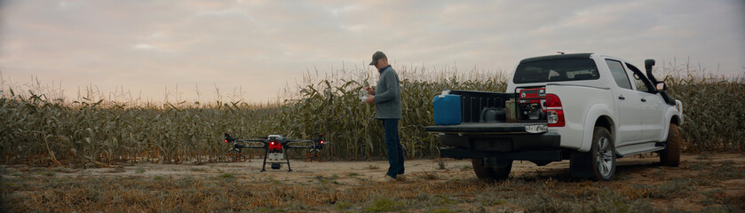 Farmer controlling a huge intelligent agriculture drone with spray nozzles near corn field early in the morning