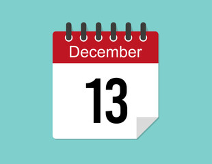 13 day December calendar design. Red calendar vector for December month and day