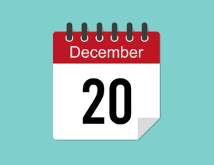 20 day December calendar design. Red calendar vector for December month and day