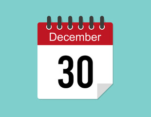 30 day December calendar design. Red calendar vector for December month and day