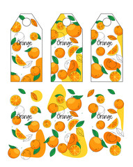 Pattern for creating orange flavor tags. An example of finished tags and a pattern. Cartoon doodle style, vector illustration.