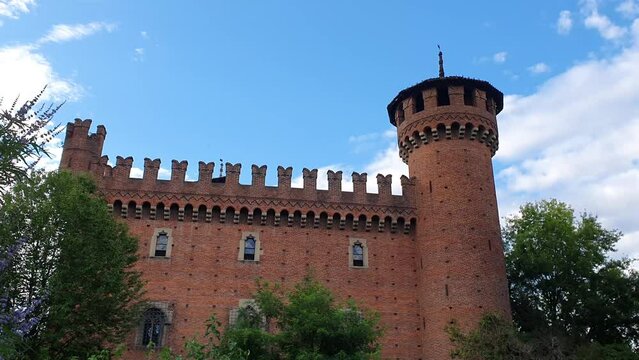 Turin, Piedmont, Italy - 2021: medieval village of Parco del Valentino, built in 1884, on the model of the ancient castles of the Valle d'Aosta of the 15th century