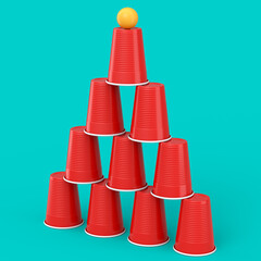 Set of plastic party cup for college ping pong game on green background.