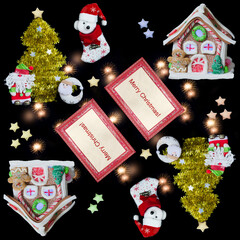 Seamless pattern with framed greetings and Christmas decorations on a black background