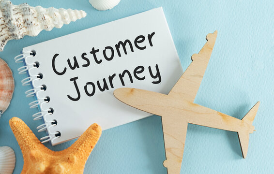 Top view of notepad written with CUSTOMER JOURNEY text on blue background with airplane figurine and seashells