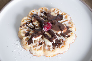 Chocolate-covered banana and raspberry waffles, dessert