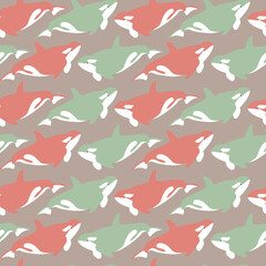 Vector seamless pattern with orca.Underwater cartoon creatures.Marine background.Cute ocean pattern for fabric, childrens clothing,textiles,wrapping paper