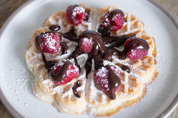 Chocolate-covered banana and raspberry waffles, dessert