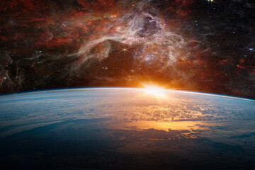 Obraz na płótnie Canvas Landscape with Milky way galaxy. Sunrise and Earth view from space with Milky way galaxy. (Elements of this image furnished by NASA)