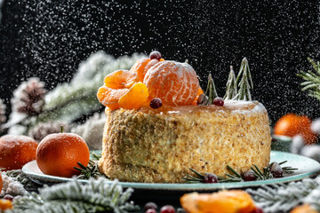 Fototapeta na wymiar homemade christmas tangerines cake with white cream
